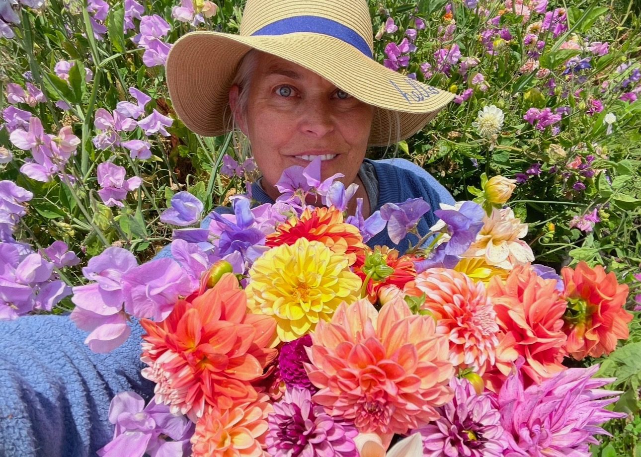 Melissa in a sun hat behind an armful of dahlias, sweet peas climbing behind her